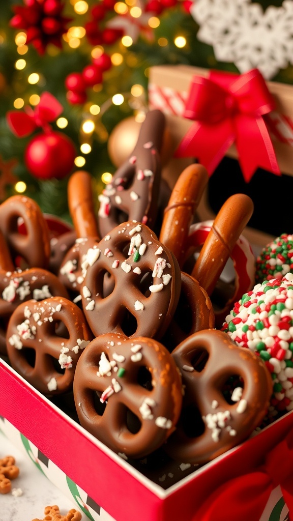Chocolate-covered pretzels with candy cane and sprinkles in a decorative gift box.